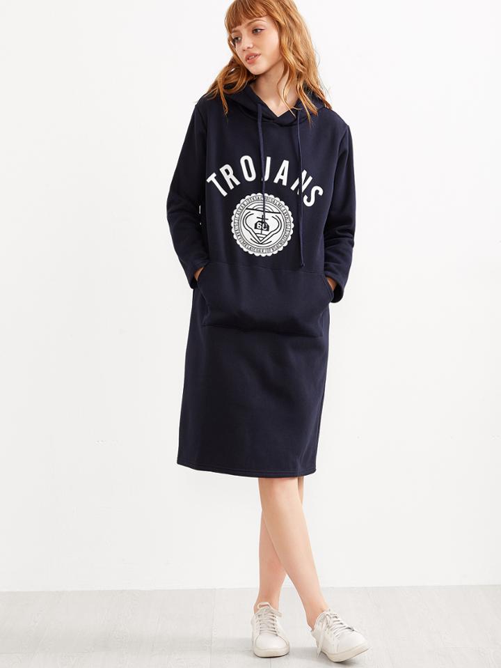 Romwe Navy Letter Print Drawstring Hooded Sweatshirt Dress