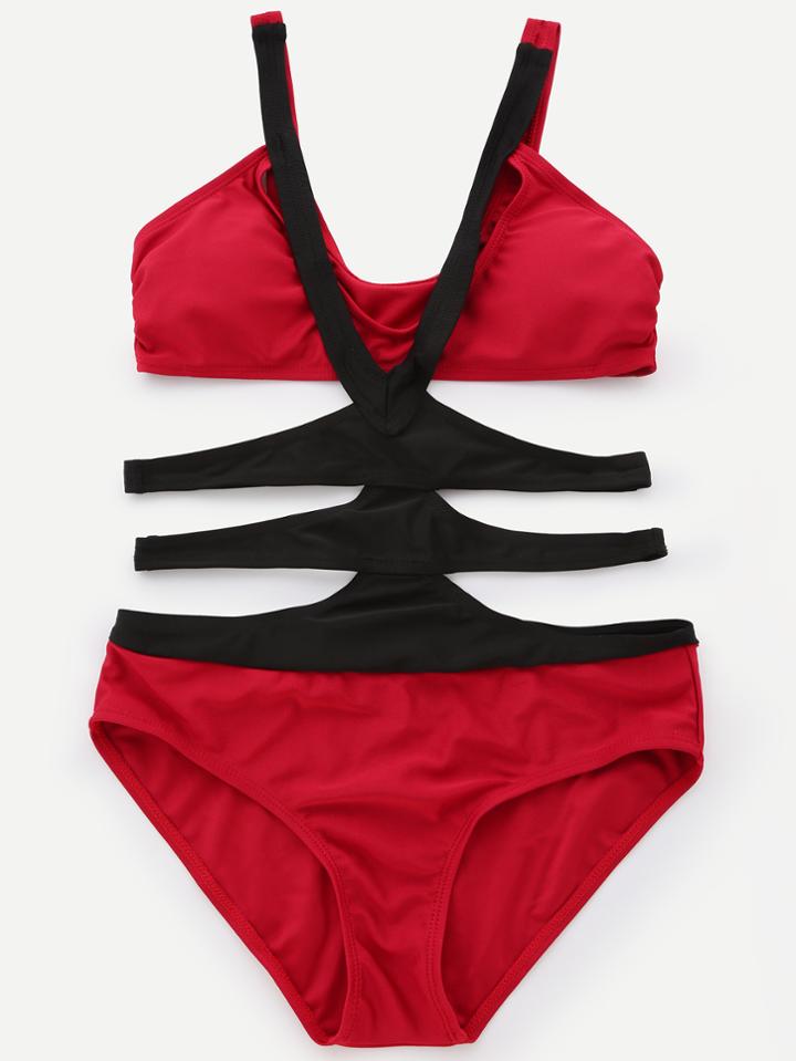 Romwe Red Color Block Strappy One Piece Swimwear