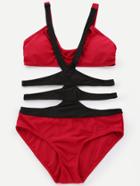 Romwe Red Color Block Strappy One Piece Swimwear