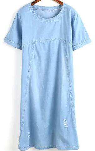 Romwe Short Sleeve Ripped Denim Light Blue Dress