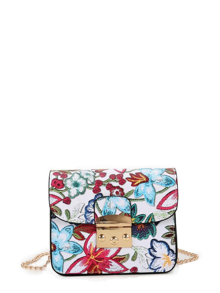 Romwe Flower Embroidery Pu Flap Shouler Bag