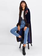Romwe Rose Embroidery Patch Open Front Velvet Coat