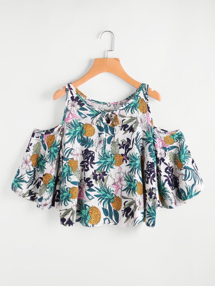 Romwe Open Shoulder Printed Random Self Tie Neck Top