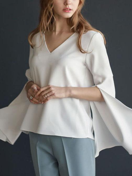 Romwe V Neck Bell Sleeve Split Shirt