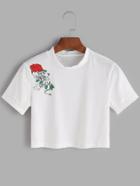 Romwe White Mock Neck Rose Print Crop T-shirt