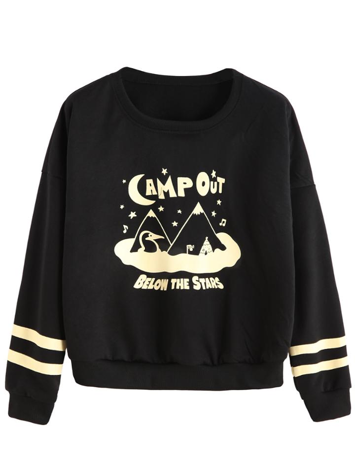 Romwe Black Cartoon Print Varsity Striped Drop Shoulder Sweatshirt