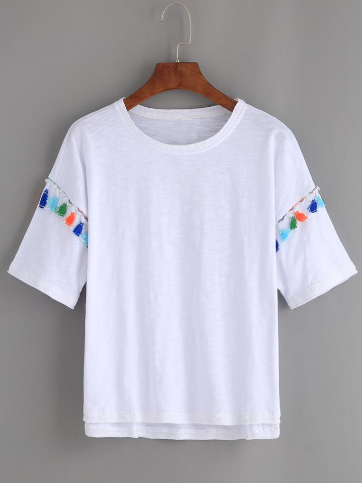 Romwe White Tassel Trim High Low T-shirt