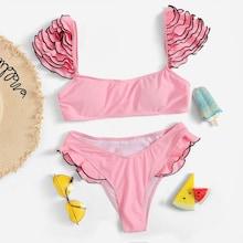 Romwe Layered Ruffle Top With High-leg Bikini Set