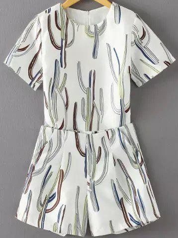 Romwe Short Sleeve Cactus Print Top With White Shorts