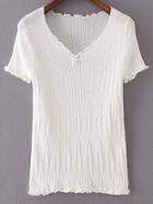 Romwe White V Neck Pearl Ruched Knitted Short Sleeve Blouse