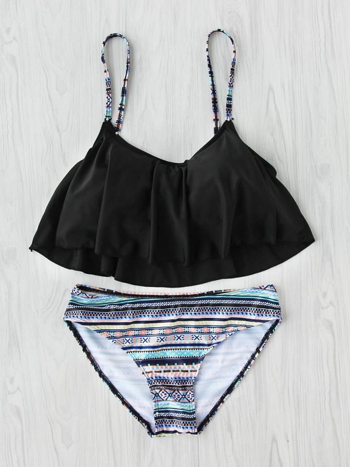 Romwe Graphic Print Flounce Mix & Match Bikini Set