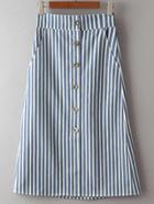 Romwe Blue Single Breasted Stripe Pocket Skirt