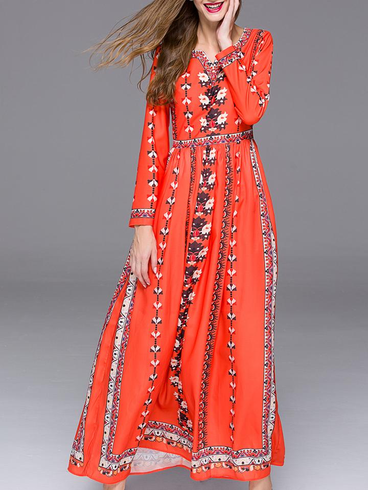 Romwe Orange V Neck Long Sleeve Floral Print Maxi Dress