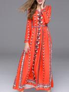 Romwe Orange V Neck Long Sleeve Floral Print Maxi Dress
