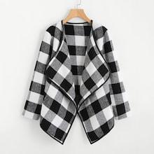 Romwe Gingham Plaid Waterfall Neck Coat