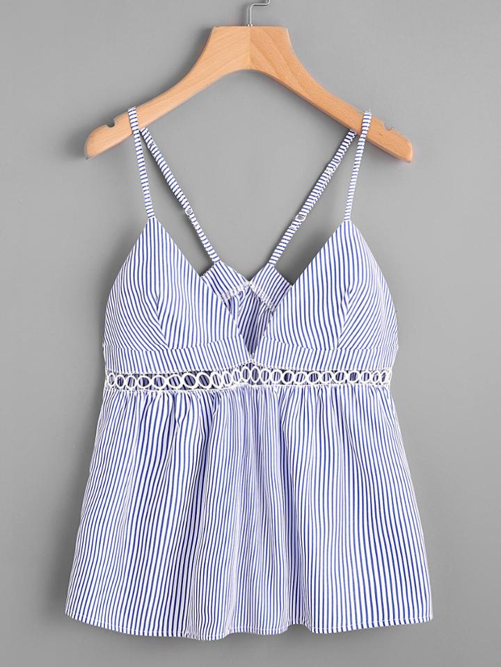 Romwe Hollow Lace Panel Vertical Striped Cami Top
