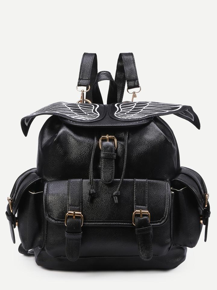 Romwe Black Wing Embroidered Buckle Flap Backpack