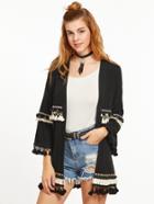 Romwe Black Ribbed Knit Coat With Embroidered Top And Coin Fringe Detail