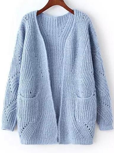 Romwe Long Sleeve Chunky Knit Pockets Blue Cardigan