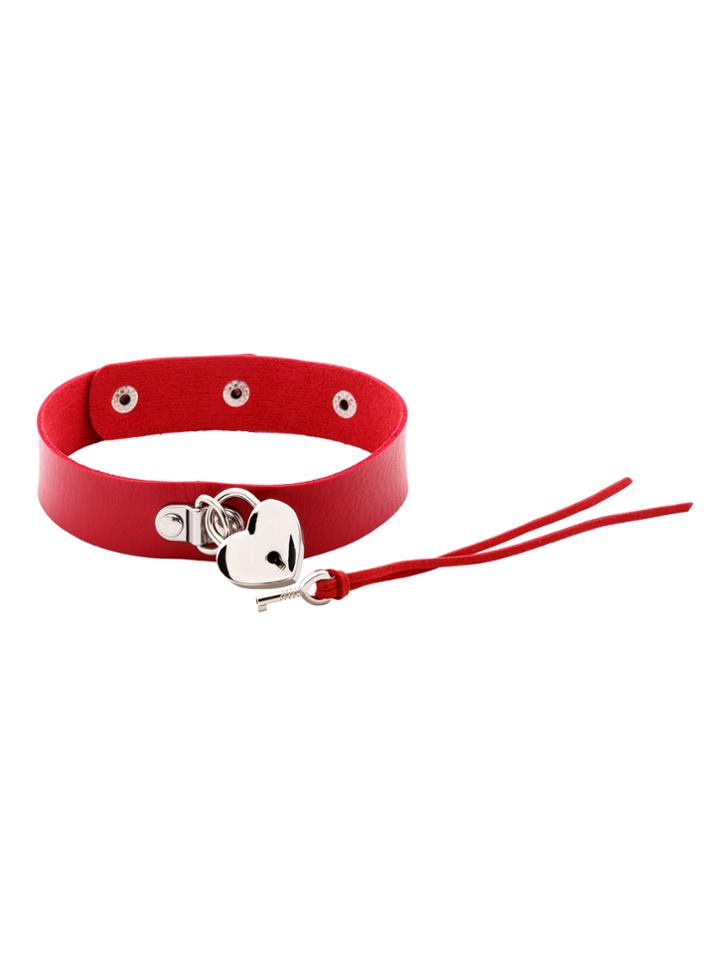 Romwe Red Pu Leather Metal Heart Choker Necklace With Key
