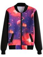 Romwe Contrast Trim Galaxy Print Zipper Bomber Jacket