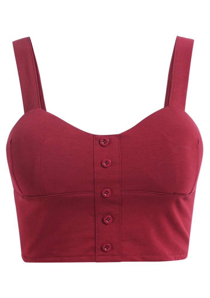 Romwe Spaghetti Strap Buttons Red Cami Top