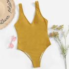 Romwe Double V Neckline Solid Swimsuit