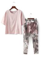 Romwe Round Neck Loose Top With Elastic Waist Florals Pant