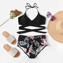 Romwe Wrap Top With Random Floral High Waist Bikini