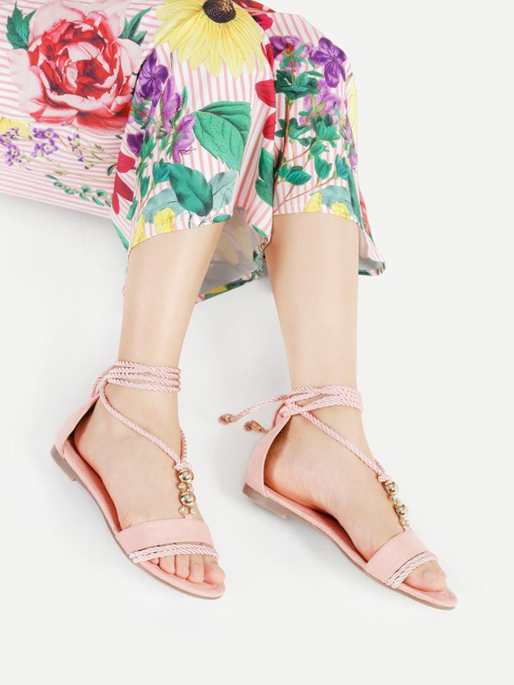 Romwe Rhinestone Detail Ankle Wrap Flat Sandals