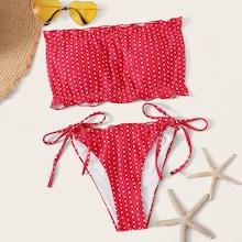 Romwe Polka-dot Ruffle Bandeau With Tie Side Bikini Set