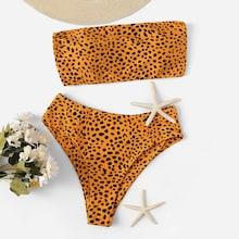 Romwe Random Leopard Bandeau With High Leg Bikini Set