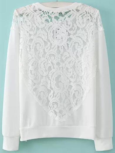 Romwe White Round Neck Lace Loose Sweatshirt