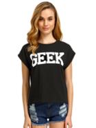 Romwe Black Short Sleeve Geek Print Crop T-shirt