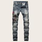 Romwe Guys Figure Embroidery Ripped Wash Jeans