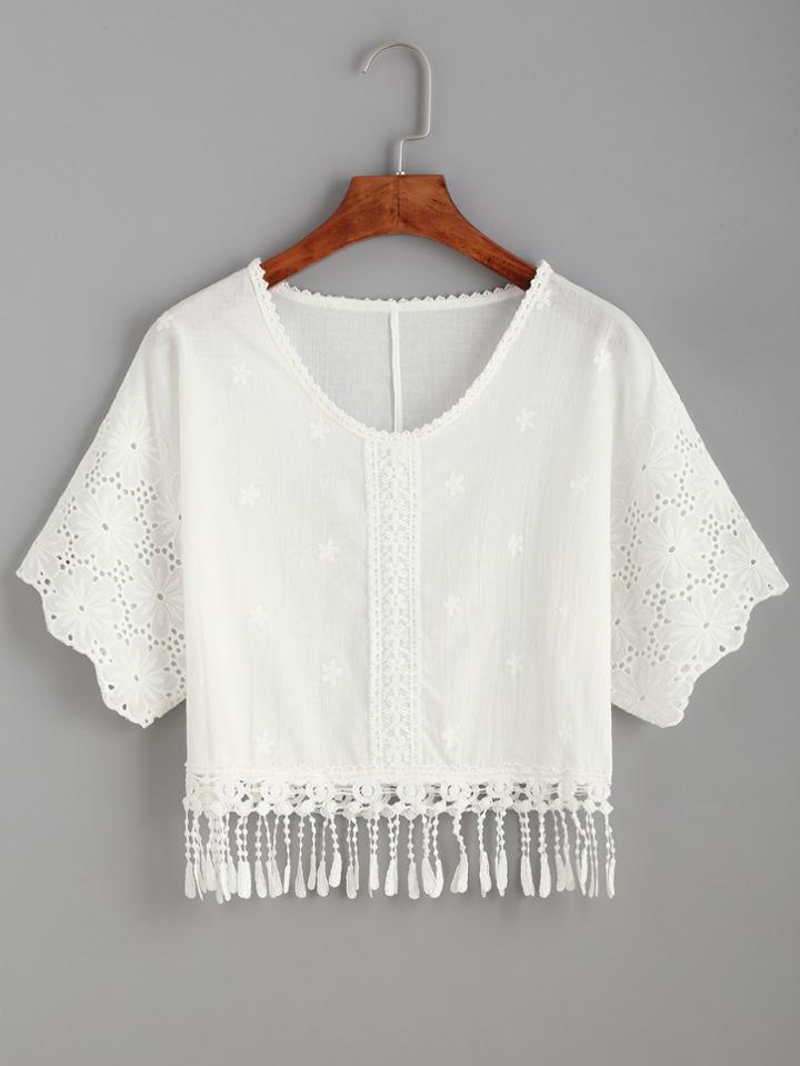 Romwe White Crochet Fringe Trim Eyelet Embroidered Top