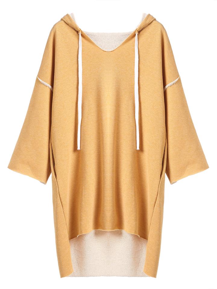 Romwe Yellow Drop Shoulder High Low Drawstring Hooded Sweatshirt Dress