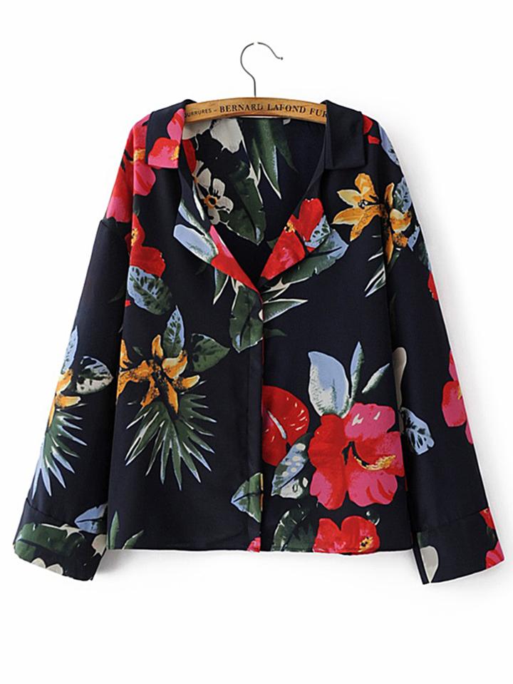 Romwe Flower Print Hidden Button Blouse