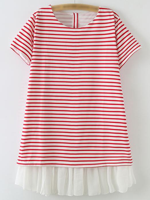 Romwe Red Ruffle Hem Buttons Back Loose Stripe Dress