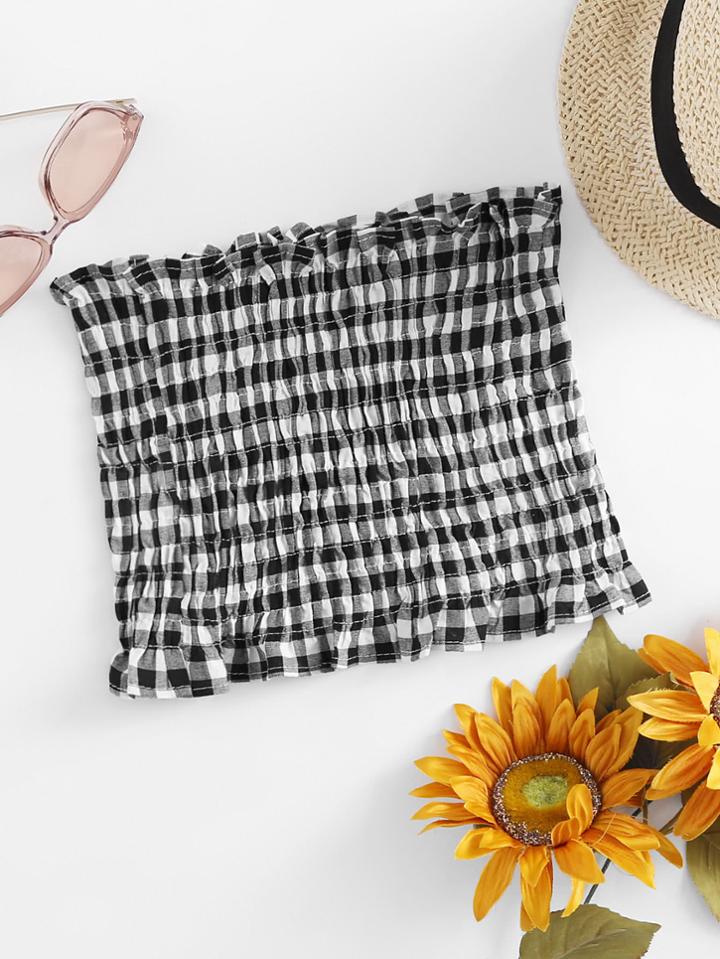 Romwe Gingham Shirring Bandeau Top