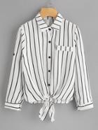 Romwe Roll Tab Sleeve Knot Front Striped Shirt