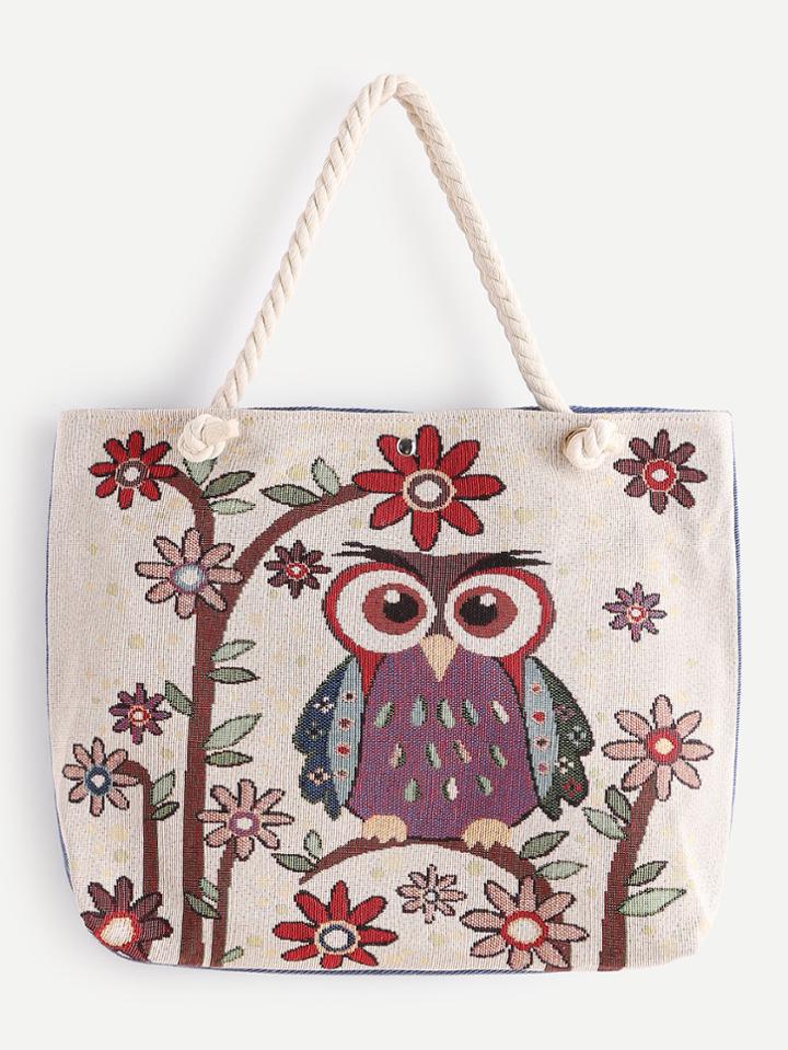 Romwe Owl And Flower Pattern Tote Bag