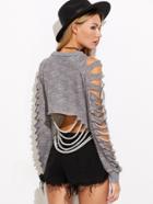Romwe Grey Raglan Sleeve Ripped Raw Hem Crop Sweatshirt