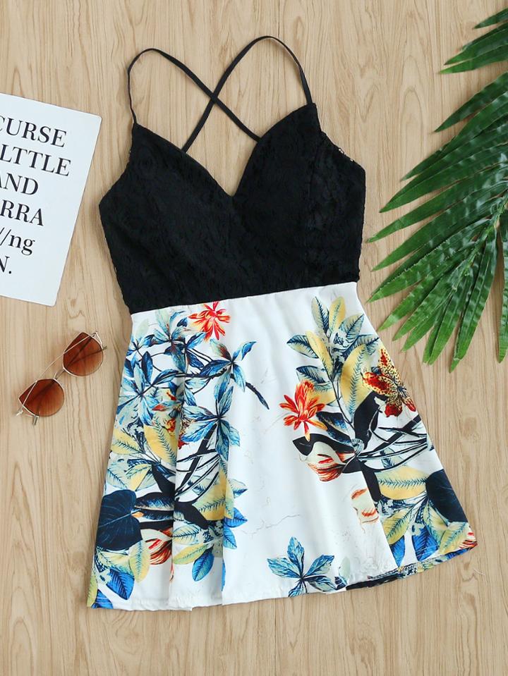 Romwe Criss Cross Back Lace Tropical Print Dress