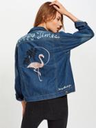 Romwe Flamingo Embroidered Back Denim Jacket