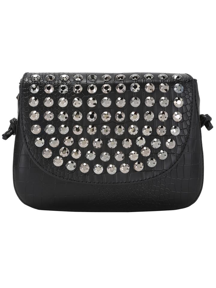 Romwe Black Crocodile Pu Stud Flap Saddle Bag