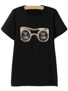 Romwe Black Letter Sequined Glasses Casual T-shirt