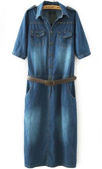 Romwe Lapel With Pockets Rivet Denim Dress