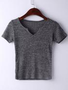 Romwe Grey Short Sleeve V Neck Ribbed T-shirt