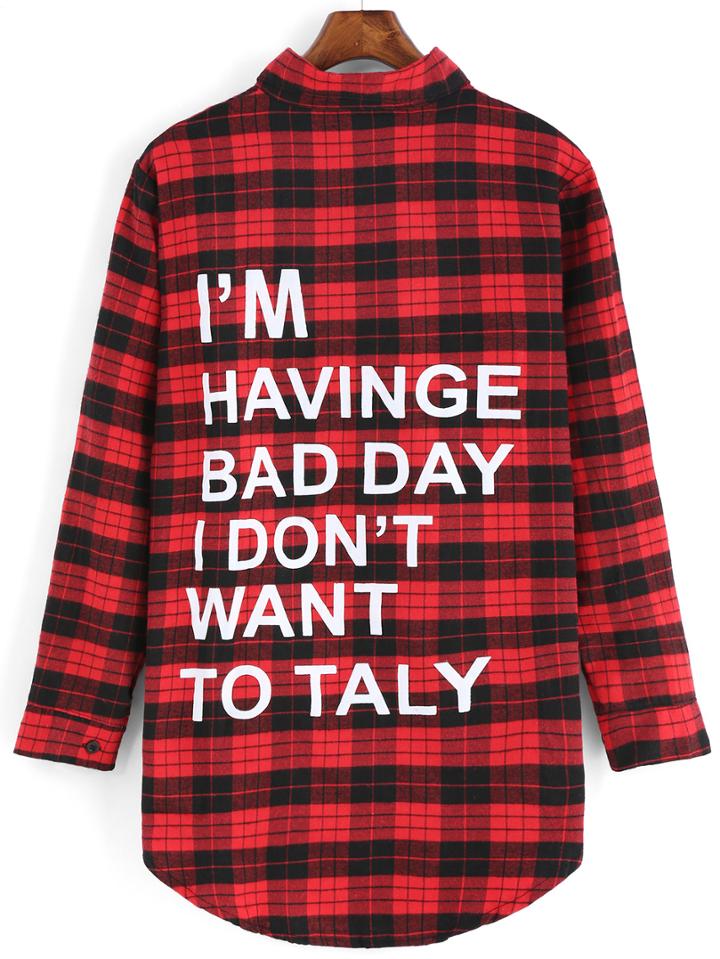 Romwe Lapel Letter Print Plaid Buttons Blouse